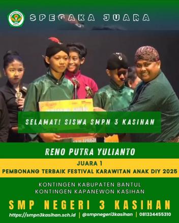 Reno Putra Yulianto, siswa SMPN 3 Kasihan terpilih sebagai pembonang terbaik 