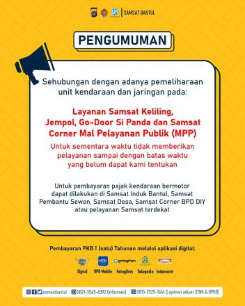 Pengumuman Pelayanan SAMSAT KELILING Libur
